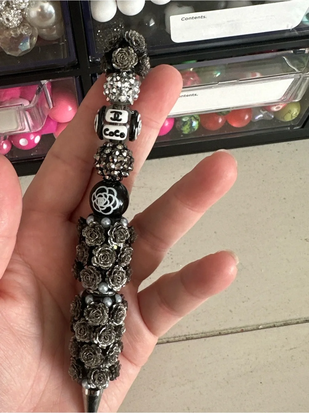 Black & Silver Floral Beaded Pen